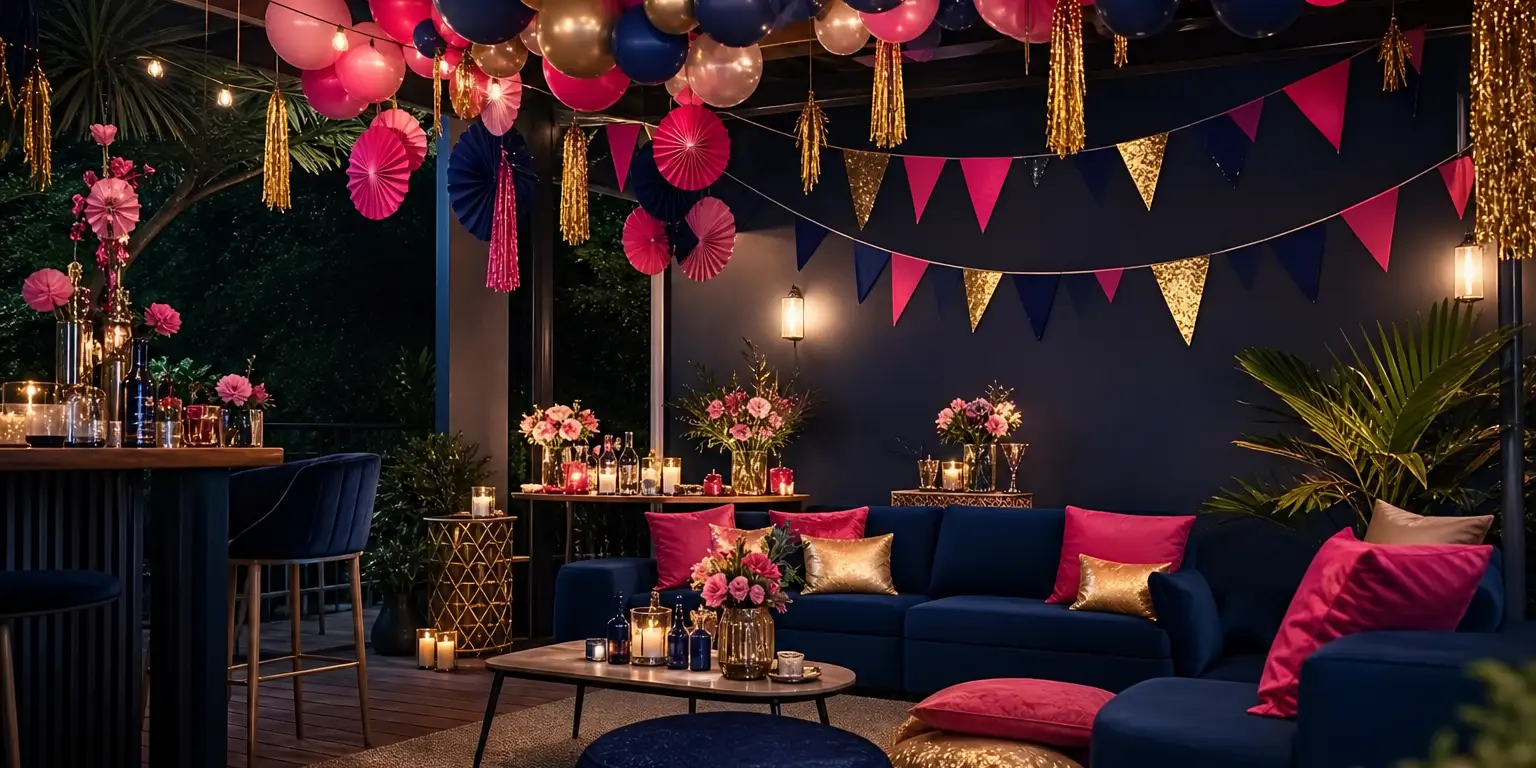 Motto-Deko mit Girlanden und Ballons als Kulisse für den Junggesellenabschied