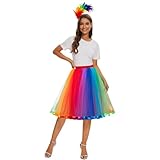 JONRRYIN Tüllrock Damen + Bunt Feder Stirnband, Regenbogen Rock Damen Tüll, 50er-Tutu...